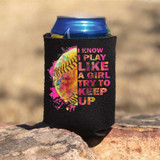I Know I Play Like A Girl Softball POCKET/CAN HUGGER Screen Print Heat Transfer, captures a black fabric can holder with a colorful softball graphic and motivational text, holding a soda can outdoors.