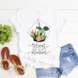 Bloom where you are planted succulent plant garden cactus sublimation transfer design on white t-shirt.