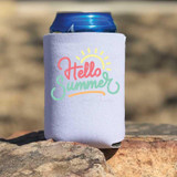 Hello Summer HAT/POCKET Screen Print Heat Transfer, colorful sun and text design on a white fabric can cooler covering a beverage can.