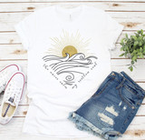 The Waves Calm My Restless Soul Sublimation Transfer, white t-shirt with a sun and wave design and inspirational quote.