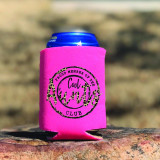 Cool Aunts Club HAT/POCKET/CAN HUGGER Screen Print Transfers, pink fabric can holder with leopard print text and logo, placed on a wooden surface outdoors.