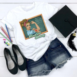 Teacher Strong Chalk Board Blonde Hair Sublimation Transfer, a graphic design on a white T-shirt featuring a vintage woman with blonde hair, a chalkboard background, and the text 'Teacher Strong' displayed on the shirt.