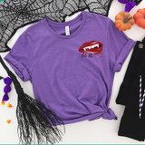 Bite Me Lips HAT/POCKET Halloween Screen Print Heat Transfer, purple T-shirt with red lips design and text, Halloween-themed product for custom clothing.