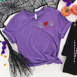 Peace Love F*ck You Skeleton HAT/POCKET Halloween Screen Print Heat Transfer, purple T-shirt with Halloween skeleton hand design and red heart print