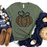 Glitter Leopard Pumpkin Screen Print Transfer, image of a t-shirt with a glitter leopard print pumpkin design on the front.