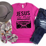 Jesus Is My Jam Screen Print Heat Transfer, pink T-shirt with black text and graphic design of a boombox.