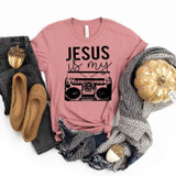 Jesus Is My Jam Screen Print Heat Transfer, pink T-shirt with a black graphic of a boombox and the text 'Jesus Is My Jam'.
