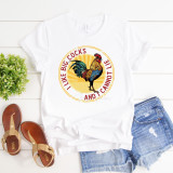 Big Cocks and I Cannot Lie Rooster Chicken parody funny sublimation transfer, humorous graphic tee shirt with colorful rooster illustration and playful text.