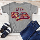 Give Thanks Tie Dye Youth Screen Print Heat Transfer, gray t-shirt with colorful tie dye design and motivational message.