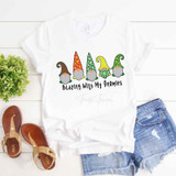 Blazing With My Gnomies Sublimation Transfer, a white T-shirt featuring five colorful gnome characters with different hats and the humorous text 'Blazing With My Gnomies' printed on it.