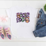 Purple Hocus Pocus Sublimation Transfer, colorful and Halloween-themed design on white t-shirt with printed text and decorative elements.
