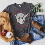 No Lives Matter Screen Print Heat Transfer, black t-shirt featuring Jason Voorhees' hockey mask and crossed knives design.