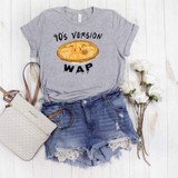 90's Version WAP FINAL STOCK Screen Print Heat Transfer T-shirt and denim shorts, casual summer outfit with white flowers and handbag accessories.