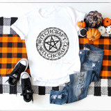 Witchcraft Circle Sublimation Transfer, the product features a black circular design with a pentagram and the words 'Witchcraft' on a white fabric.
