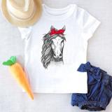 Horse Head with Bandana Sublimation Transfer, illustrated horse head wearing a red bandana on a white t-shirt.