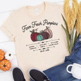 Farm Fresh Pumpkins Screen Print Heat Transfer - 1655983952, a cream-colored T-shirt with a colorful pumpkin design and farm-themed text.