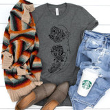 Floral Semicolon Keep Going Screen Print Heat Transfer, fashion flat lay with graphic T-shirt, distressed jeans, colorful striped cardigan, beige shoes, and Starbucks coffee cup.
