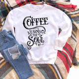 Coffee Warms The Soul Sublimation Transfer, white sweatshirt with black decorative text design.