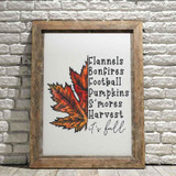 It's Fall Sublimation Transfer, fall-themed wall art with a colorful autumn leaf and fall harvest words on a white background in a wooden frame.