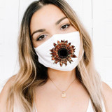 Tie Dye Sunflower HAT/POCKET Screen Print Heat Transfer, woman wearing a white face mask with a sunflower design.