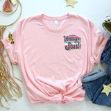 Vintage Soul POCKET Screen Print Heat Transfer, pink T-shirt with 'Vintage Soul' text design on the front, casual style with a knotted hem.