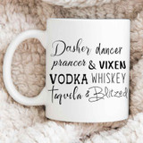 Santa's Favorites Sublimation Transfer, white ceramic mug with black and script font listing popular holiday drinks, placed on a soft, fluffy surface.