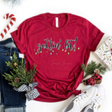 Gettin' Lit Screen Print Heat Transfer, red holiday-themed t-shirt with festive lettering and Christmas light design.