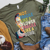 Ruth Bader Ginsburg Fragile Like A Bomb Screen Print Transfer T-shirt, showcasing a colorful portrait of Ruth Bader Ginsburg with the feminist quote 'Not Fragile Like A Flower, Fragile Like A Bomb' in bold, vibrant text.