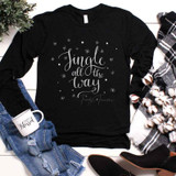 Jingle All The Way Screen Print Heat Transfer, black long-sleeve shirt with white holiday-themed text and snowflake designs.