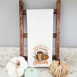 Pumpkin Spice Tea Towel Screen Print Heat Transfer, white tea towel with pumpkin spice-themed design.