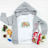 Christmas Watercolor Sloth Sublimation Transfer, white t-shirt with a watercolor-style sloth Christmas illustration.
