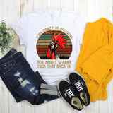 Chicken Your Crazy Is Showing Sublimation Transfer, a humorous graphic T-shirt with a rooster illustration and funny quote displayed on a flat lay arrangement of jeans, yellow jacket, and black sneakers.