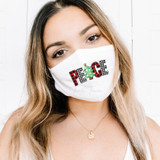 Peace Christmas HAT/POCKET Screen Print Heat Transfer, White face mask with holiday-themed peace message and Christmas tree graphic.