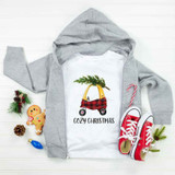 Cozy Christmas Sublimation Transfer, Christmas holiday design featuring a sleigh with a Christmas tree and the text 'Cozy Christmas' on a white t-shirt.