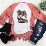 Farm Fresh Pumpkins Sublimation Transfer, graphic design of pumpkins with fall foliage on a white t-shirt.