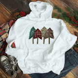 Pattern Christmas Trees Sublimation Transfer, white hoodie with Christmas tree design featuring plaid and patterned trees.