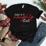Probably On The Naughty List WHITE/RED Screen Print Transfer T-shirt, black t-shirt with festive text design.