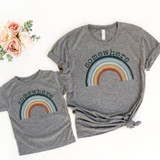 Somewhere Over The Rainbow YOUTH Screen Print Transfer, two gray t-shirts with rainbow and 'somewhere' text design
