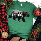 Daddy Bear Screen Print Heat Transfer, green t-shirt with a bear silhouette and forest design, perfect for holiday themed apparel.