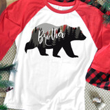 Brother Bear Screen Print Heat Transfer, bear silhouette with forest and mountain design and the word Brother written inside of the bear.