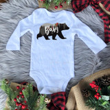Baby Bear Screen Print Heat Transfer on Baby Bodysuit, white long sleeve baby onesie with a bear silhouette featuring forest scene and the word 'Baby' in white script.