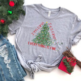 I'm Fine It's Fine Everything Is Fine Christmas Screen Print Heat Transfer, a gray sweatshirt with a colorful Christmas tree design made of tangled lights and the phrase 'I'm Fine, It's Fine, Everything Is Fine' in red and yellow text.