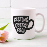 Resting Coffee Face Sublimation Transfer, white ceramic mug with a black coffee cup graphic and playful text design for coffee lovers.