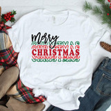 Merry Christmas Stacked Sublimation Transfer, festive Christmas-themed T-shirt with holiday colors and text design.