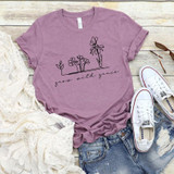 Grow With Grace Screen Print Heat Transfer, purple t-shirt with minimalist floral design and the text 'grow with grace' displayed on it.