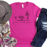 Grow With Grace Screen Print Heat Transfer, pink t-shirt with floral design and inspirational quote, casualwear with ripped jeans and accessories