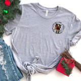Santa Approved HAT/POCKET Screen Print Heat Transfer, gray t-shirt with Santa graphic print on the chest.