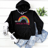 F*CK OFF, I Mean Good Morning Rainbow Screen Print Transfer hoodie, black sweatshirt with rainbow graphic and humorous text, paired with ripped jeans, white sneakers, and a small green plant for style.