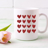 Red Glitter Hearts Sublimation Transfer, white ceramic mug with red glitter hearts design.