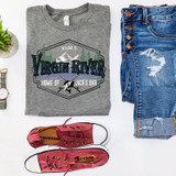 Virgin River Screen Print Heat Transfer, graphic design with mountains and pine trees on a grey T-shirt.